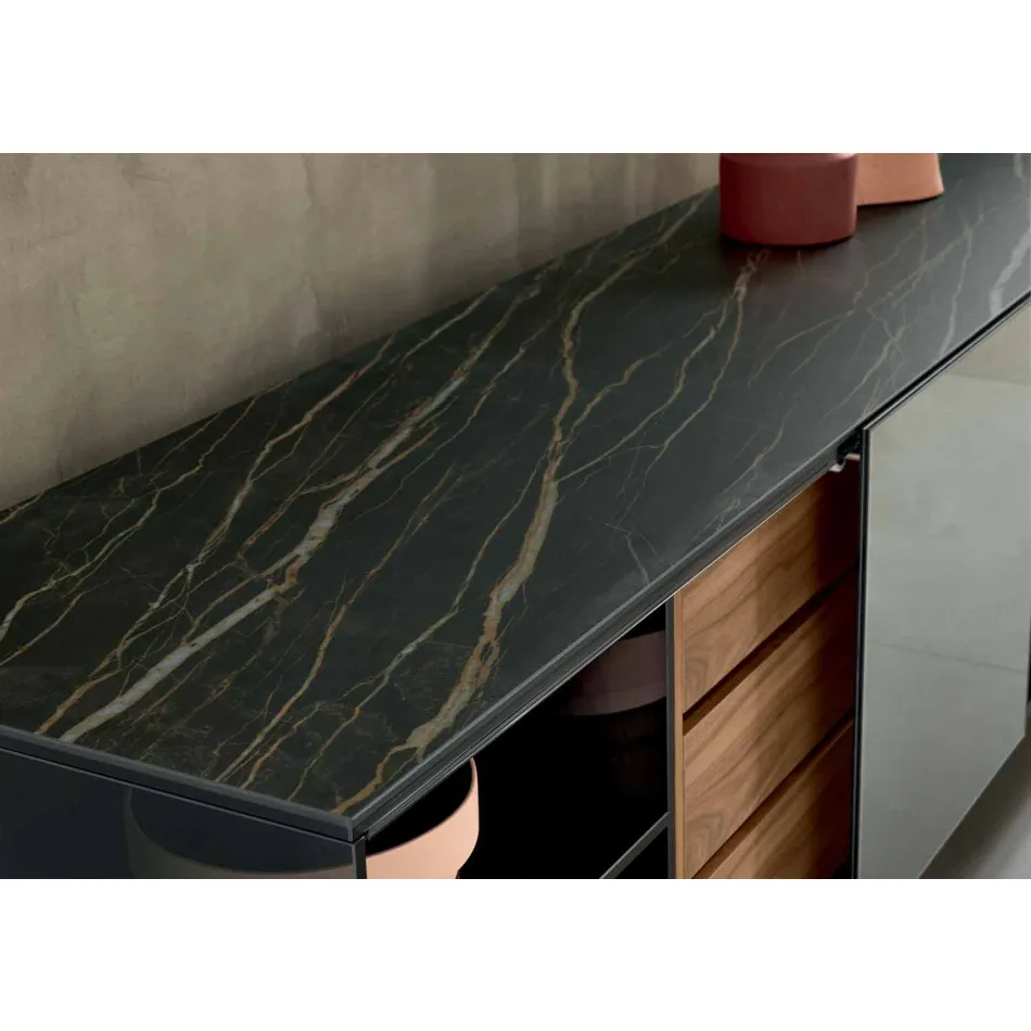 Panou modern pe roți din sticlă afumată și blat din ceramică Made in Italy - Sciocca Viadurini