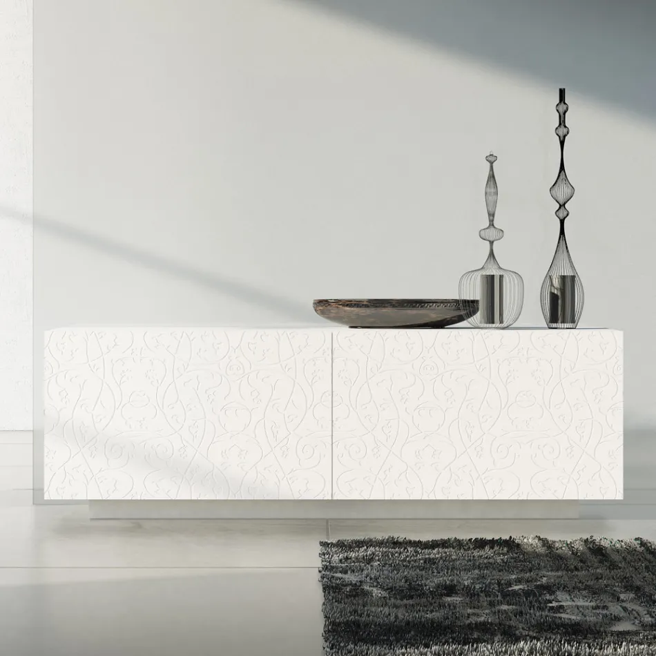 Bufet de living din Mdf Lacuit Alb cu Basorelief Made in Italy - Acqua Viadurini