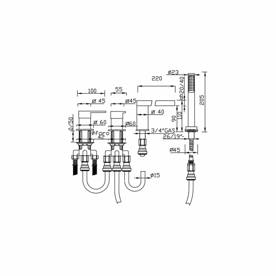Mixer de cadă din alamă, fabricat în Italia, cu 4 găuri - Panela Viadurini
