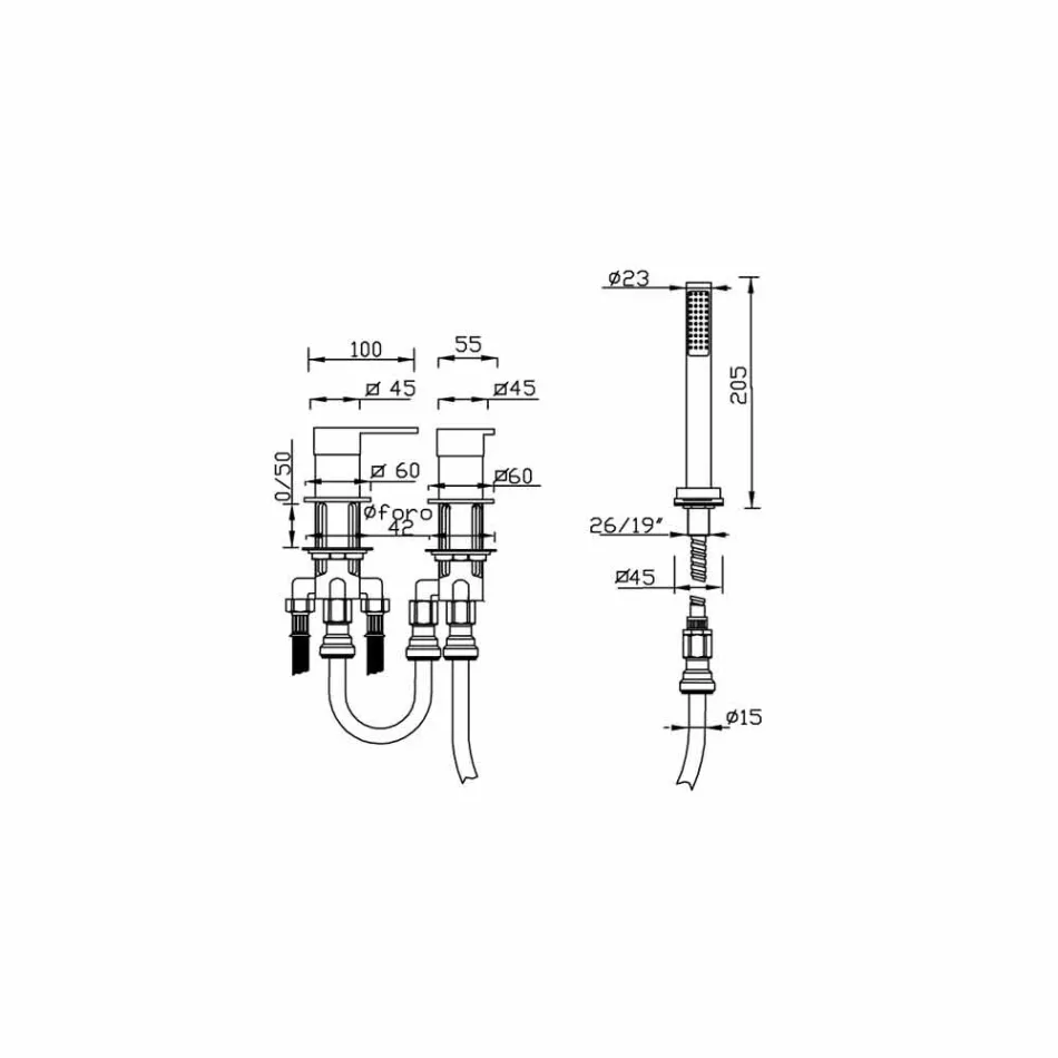 Baterie de baie modernă cu 3 găuri din alamă, fabricată în Italia - Bibo Viadurini