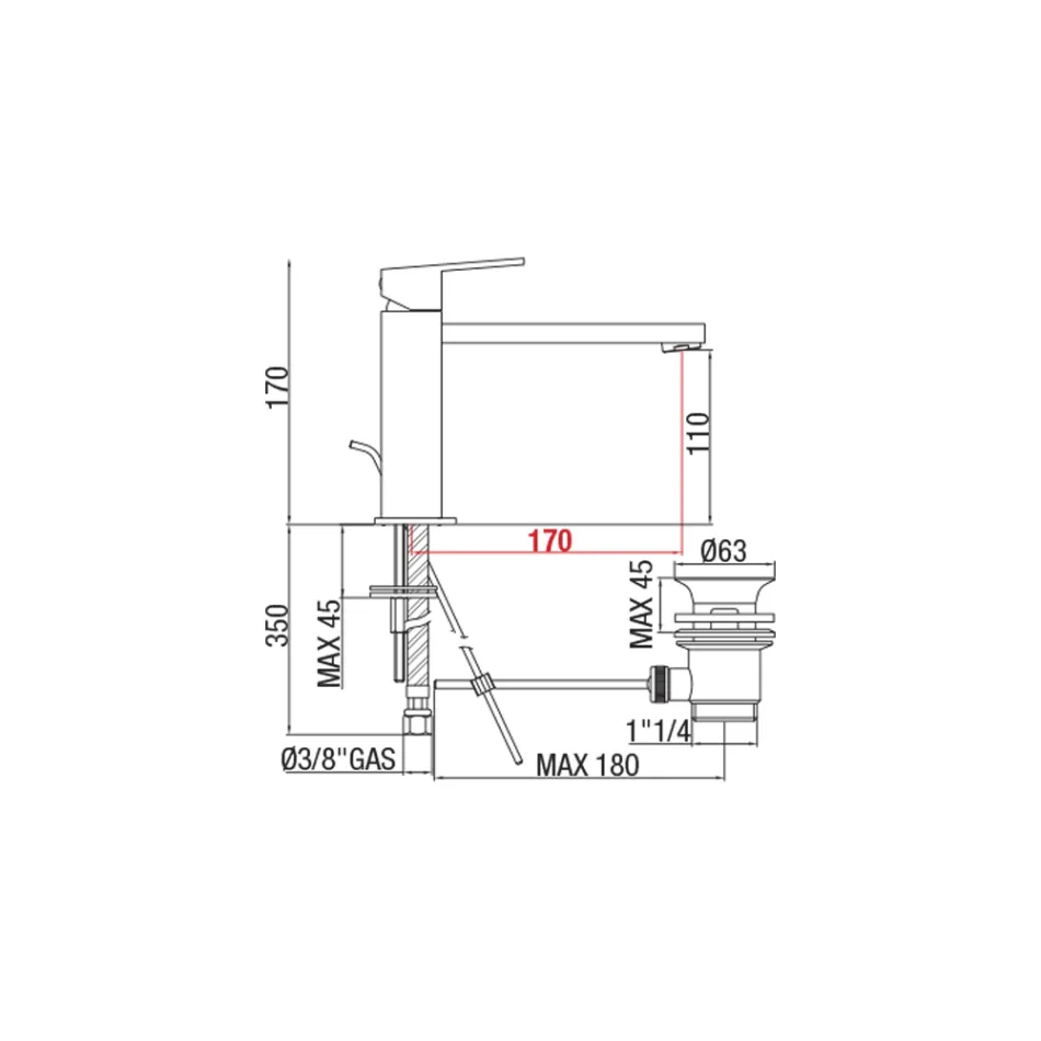 Baterie lavoar baie cu gura de scurgere 170 mm intre centru Made in Italy - Medida Viadurini