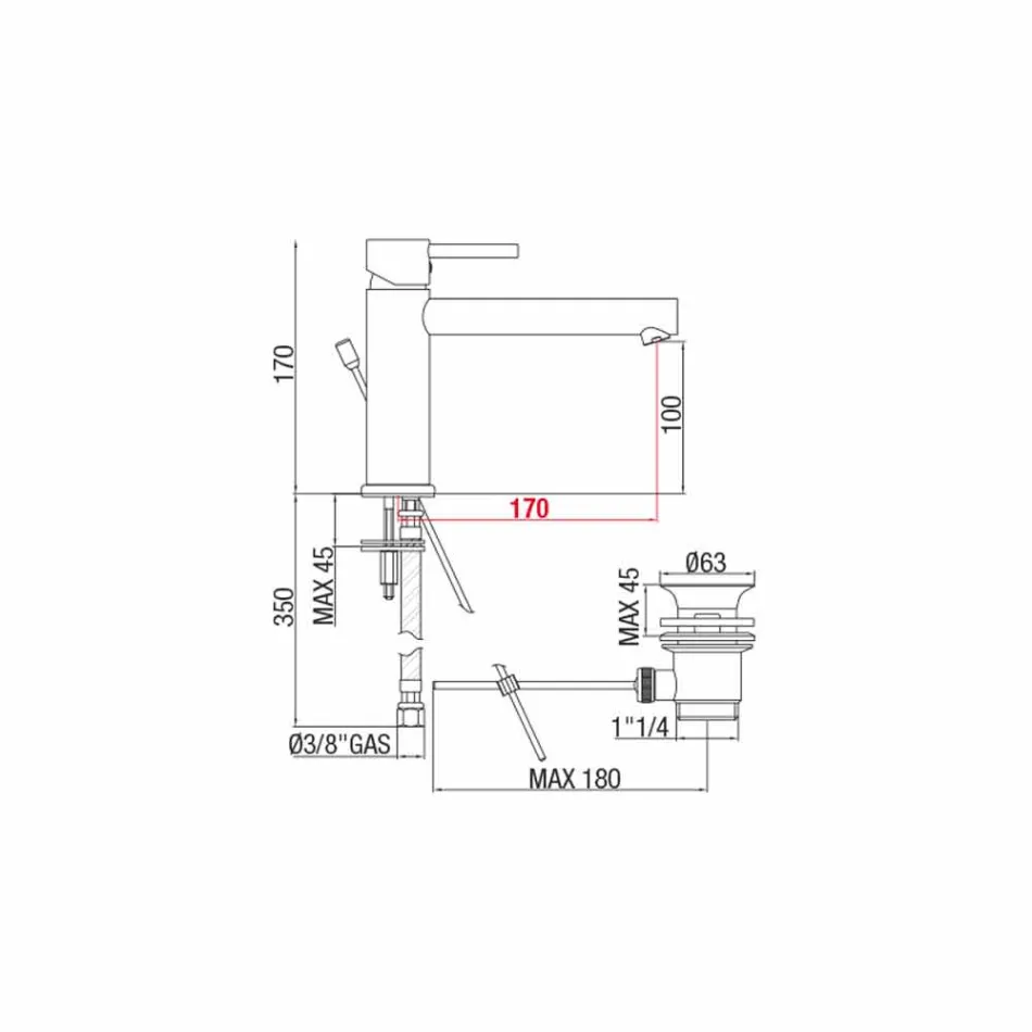 Baterie de lavoar din alamă cu gură de distanță de 170 mm distanță centrală Made in Italy - Ermia Viadurini