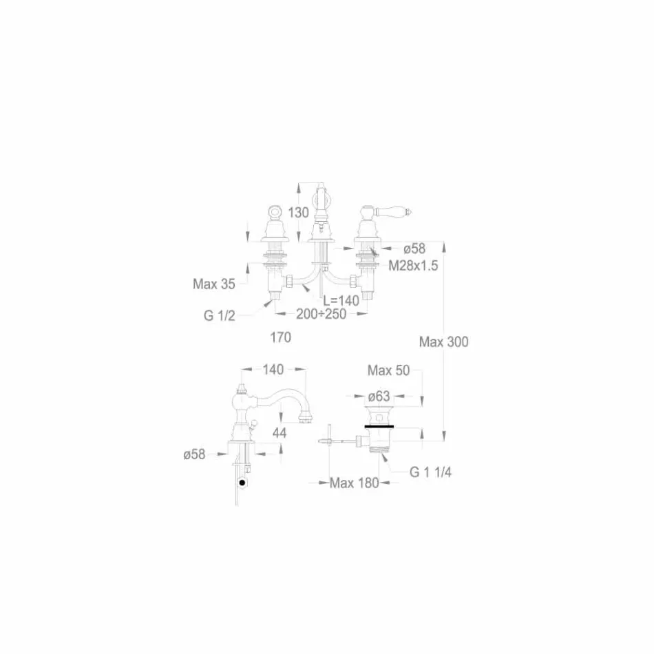 Baterie pentru chiuvetă din alamă cu 3 găuri, fabricată în Italia - Binsu Viadurini