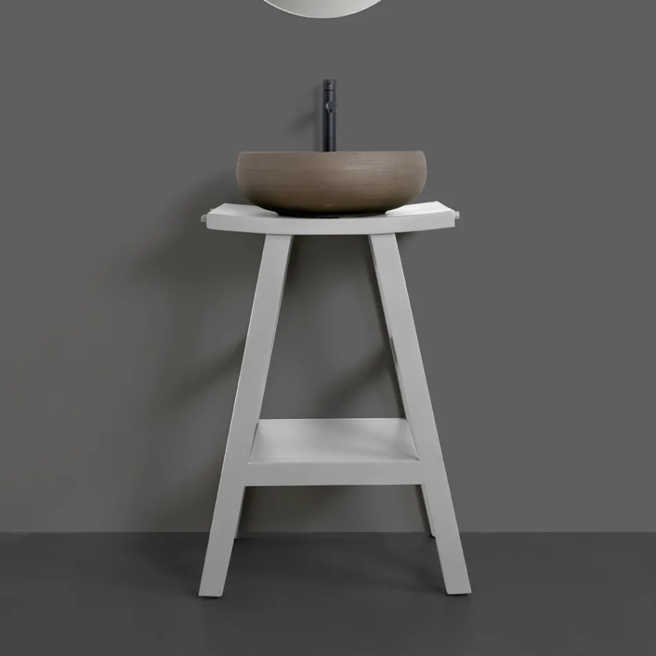 Mobilier de baie cu finisaj din lemn si blat semi-curbat gri - Raomi Viadurini