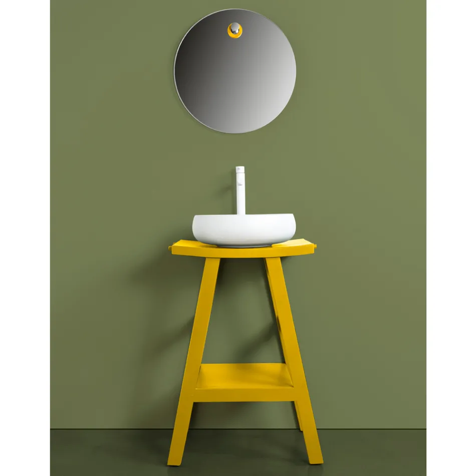 Mobilier de baie din lemn de tec recuperat cu blat semi-curbat galben - Raomi Viadurini