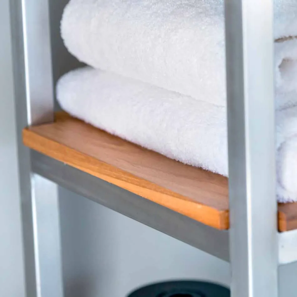 Dulap pentru baie coloană din tec și oțel cu 4 rafturi deschise - Tamburino Viadurini