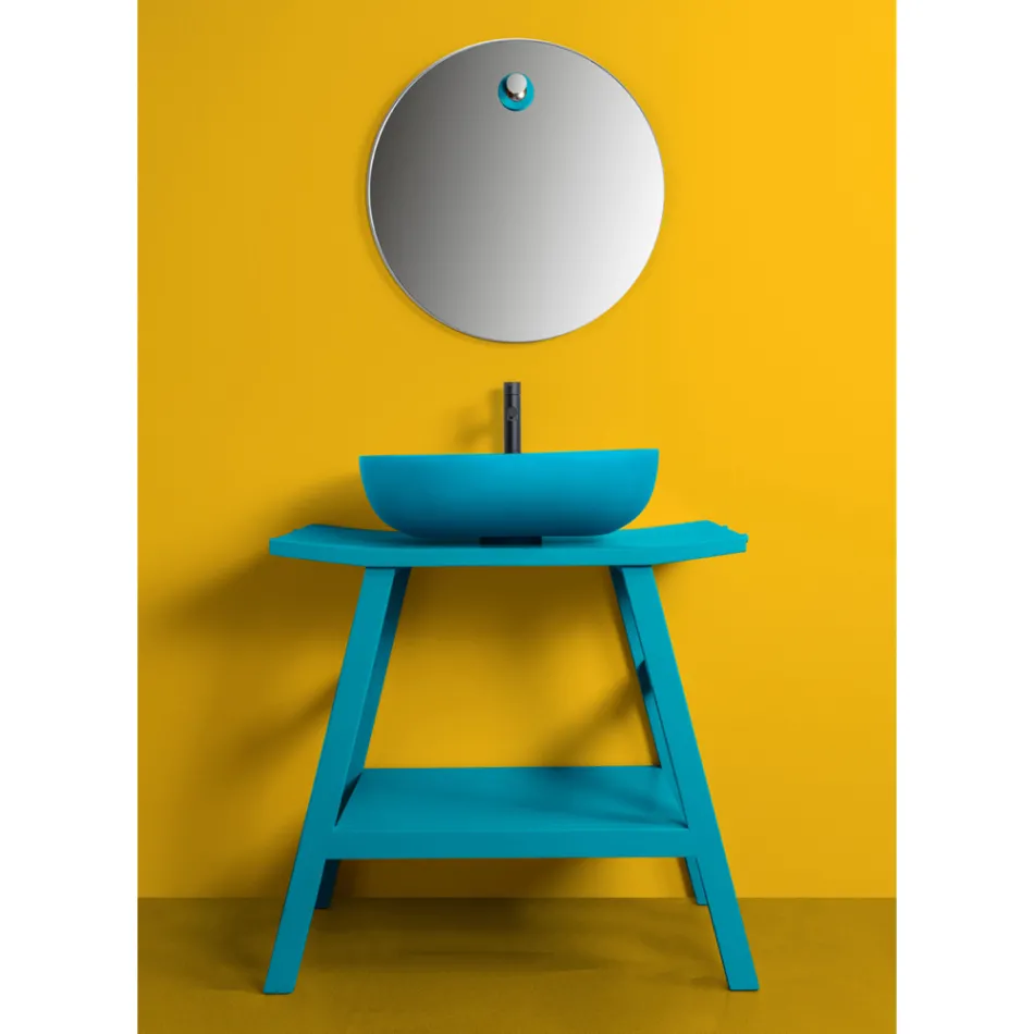 Dulap de baie pe podea din lemn de tec albastru și raft convenabil cu blat semi-curbat - Crina Viadurini