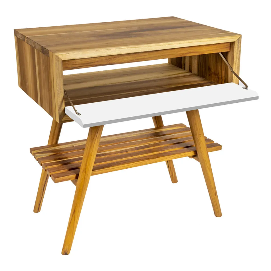 Dulap de baie cu etaj din lemn de tec recuperat și suport alb - Gatien Viadurini