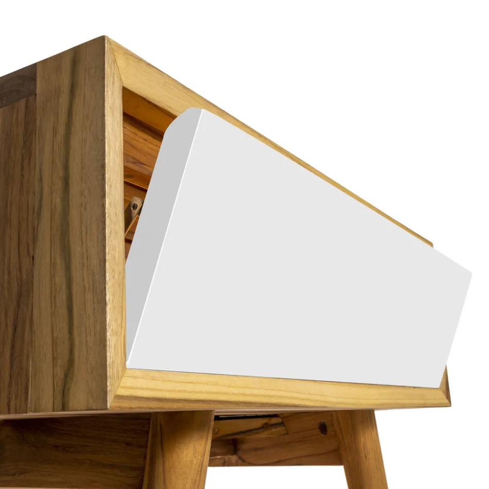 Dulap de baie cu etaj din lemn de tec recuperat și suport alb - Gatien Viadurini