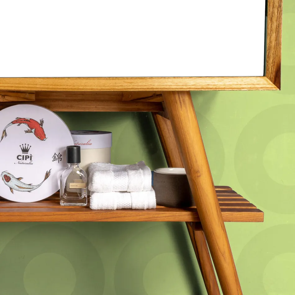 Dulap de baie cu etaj din lemn de tec recuperat și suport alb - Gatien Viadurini