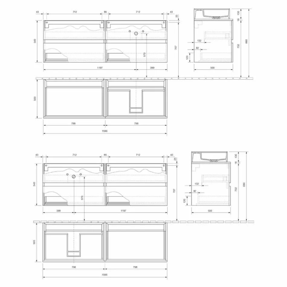 Dulap de baie de design modern cu chiuvetă pe blat dreapta sau stânga 4 finisaje - Alchimeo Viadurini