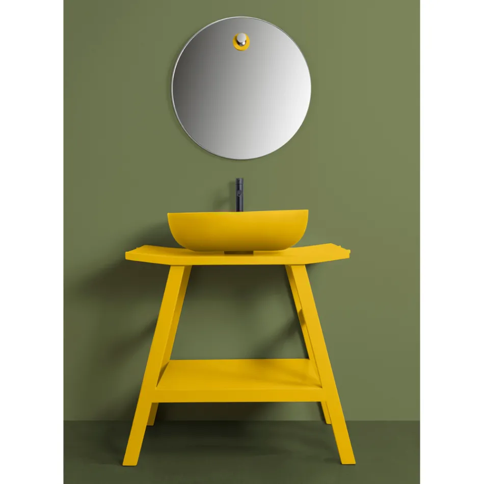 Dulap de baie din lemn de tec galben cu blat semi-curbat și poliță convenabilă - Crina Viadurini