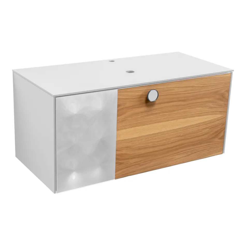 Dulap de baie suspendat de 100 cm din sticlă securizată de 8 mm și stejar european - Excelsior Viadurini