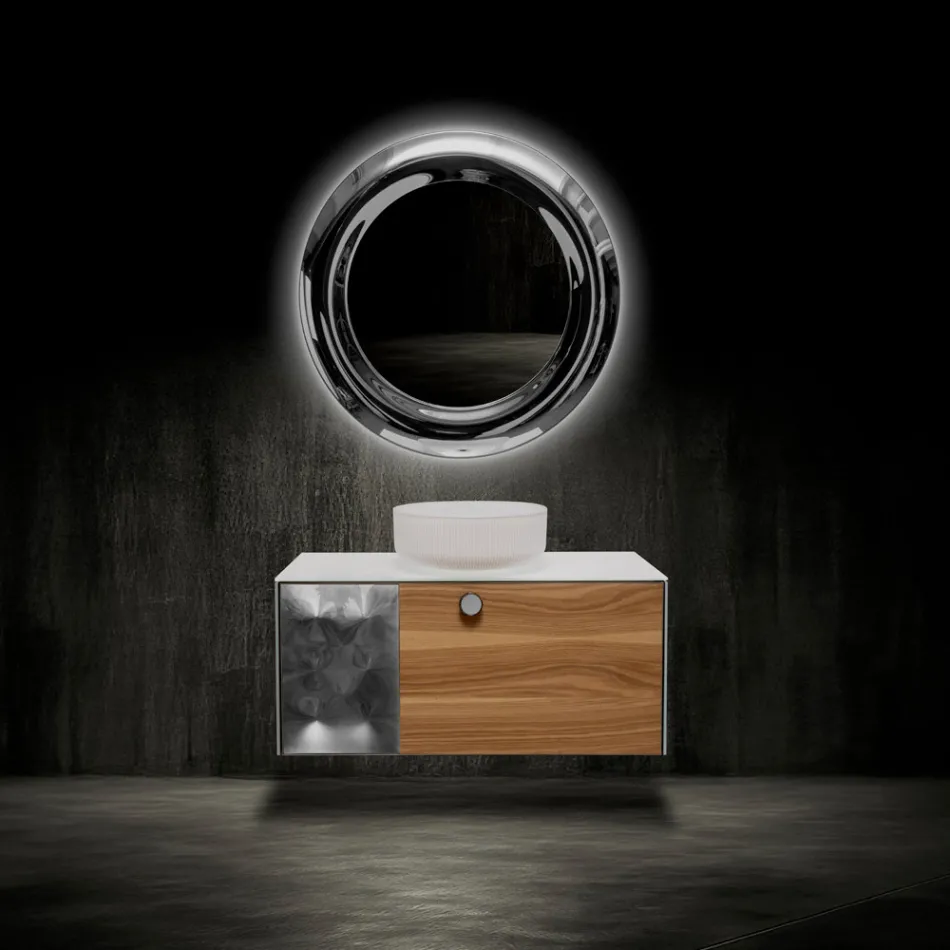 Dulap de baie suspendat de 100 cm din sticlă securizată de 8 mm și stejar european - Excelsior Viadurini