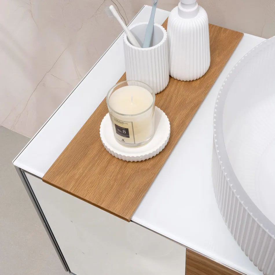 Dulap de baie suspendat de 100 cm din sticlă securizată de 8 mm și stejar european - Excelsior Viadurini