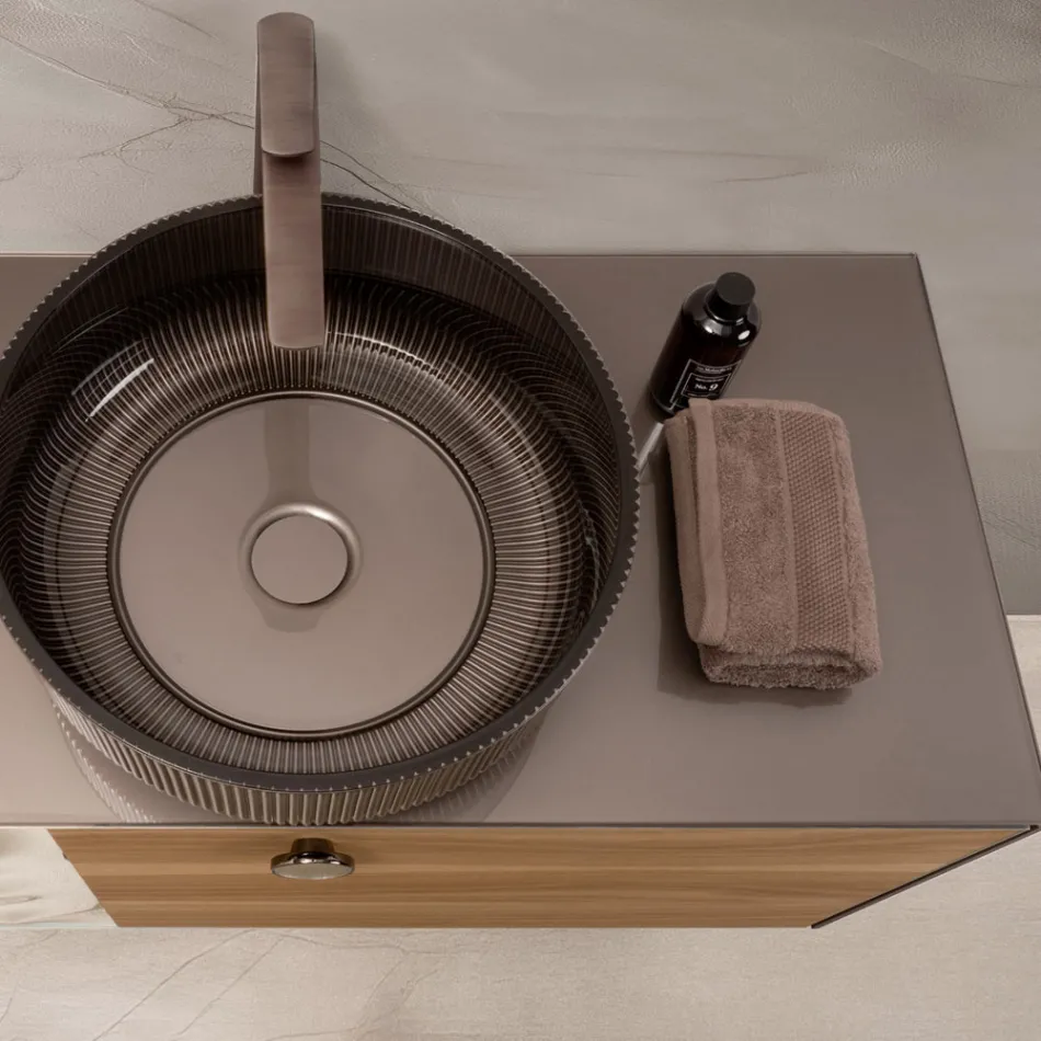 Dulap de baie suspendat de 100 cm din sticlă securizată de 8 mm și stejar european - Excelsior Viadurini