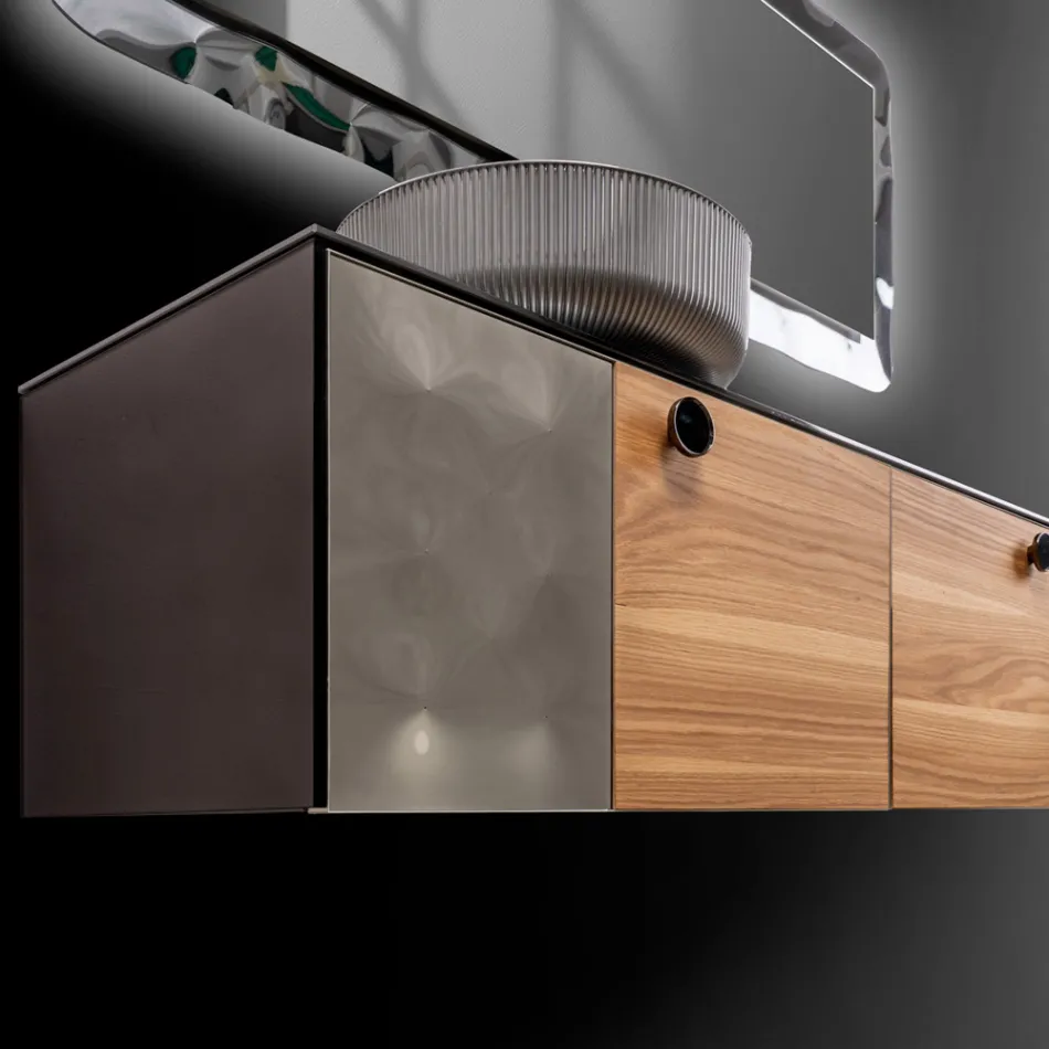 Dulap de baie suspendat de 160 cm din sticlă securizată de 8 mm și stejar european - Excelsior Viadurini