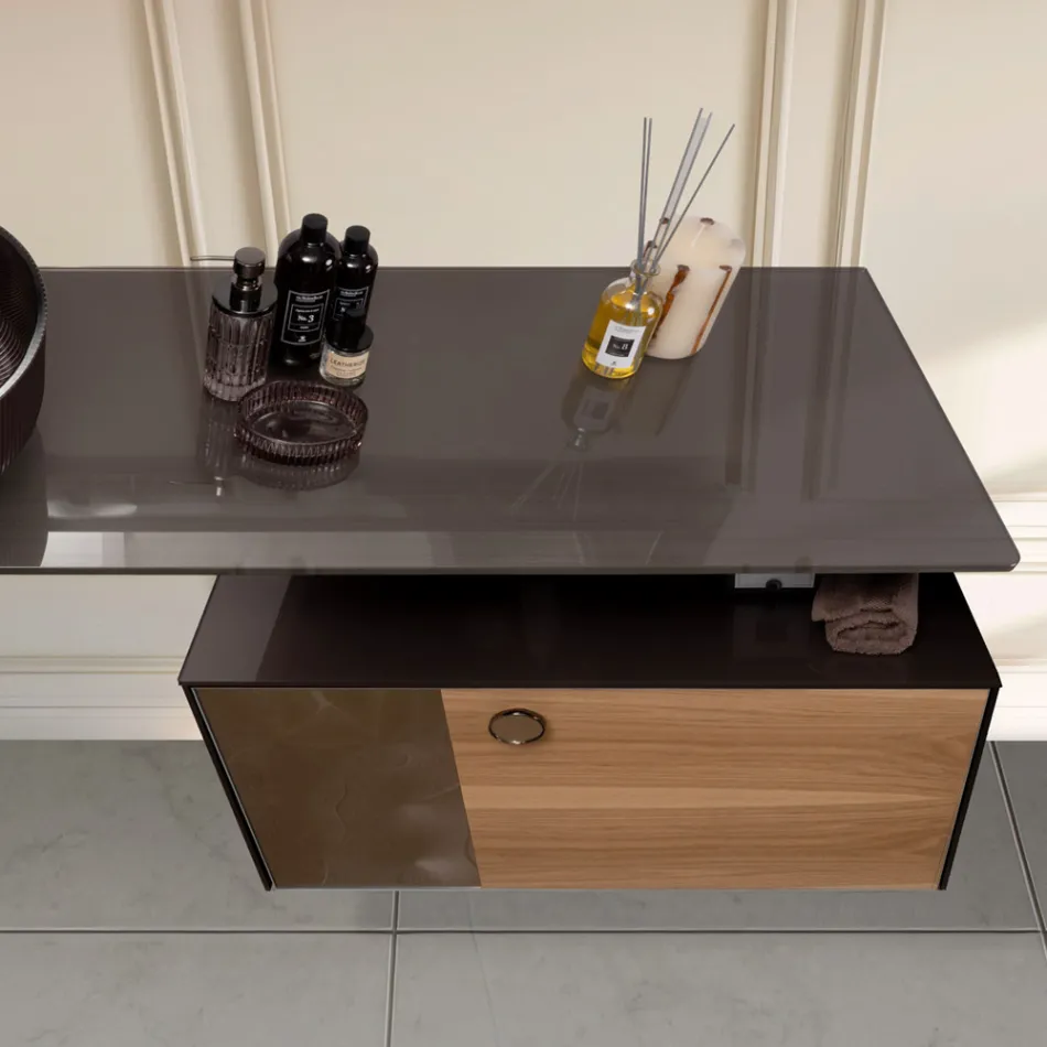 Dulap de baie suspendat de 80 cm din sticlă securizată de 8 mm și stejar european - Excelsior Viadurini