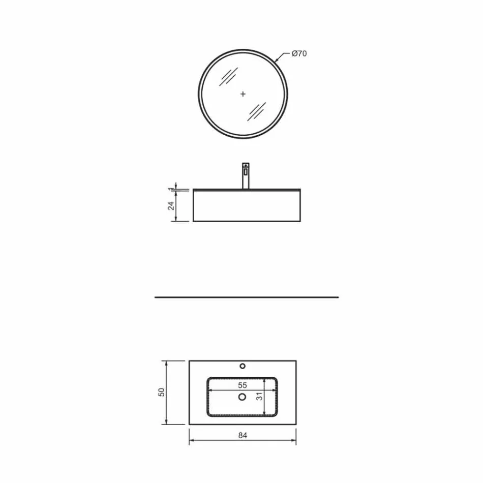 Dulap suspendat pentru baie cu sertar și chiuvetă integrată și oglindă rotundă - Renga Viadurini