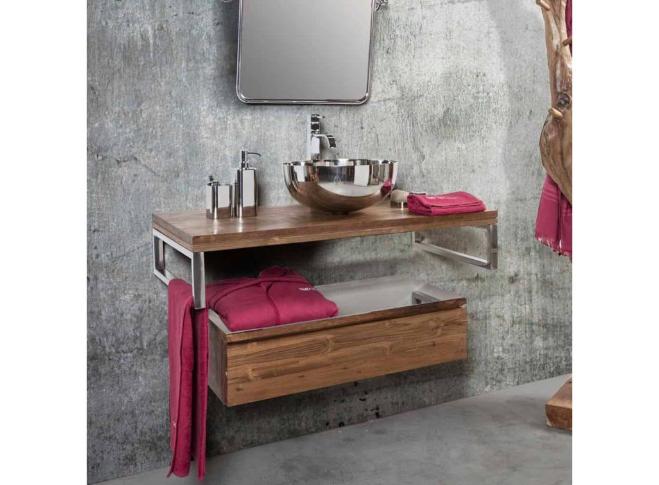 Dulap de baie suspendat din tec, cu suport pentru prosoape din oțel inoxidabil - Saverno Viadurini