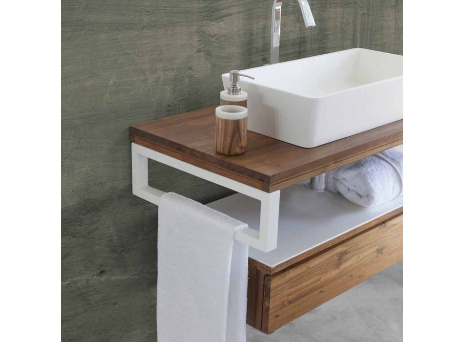 Dulap de baie suspendat din tec cu suport pentru prosoape în alb Hi Macs® - Saverno Viadurini