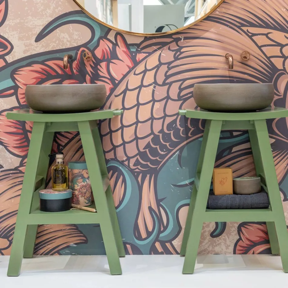 Dulap de baie de sine stătător cu finisaj din lemn de tec și poliță mare verde - Raomi Viadurini