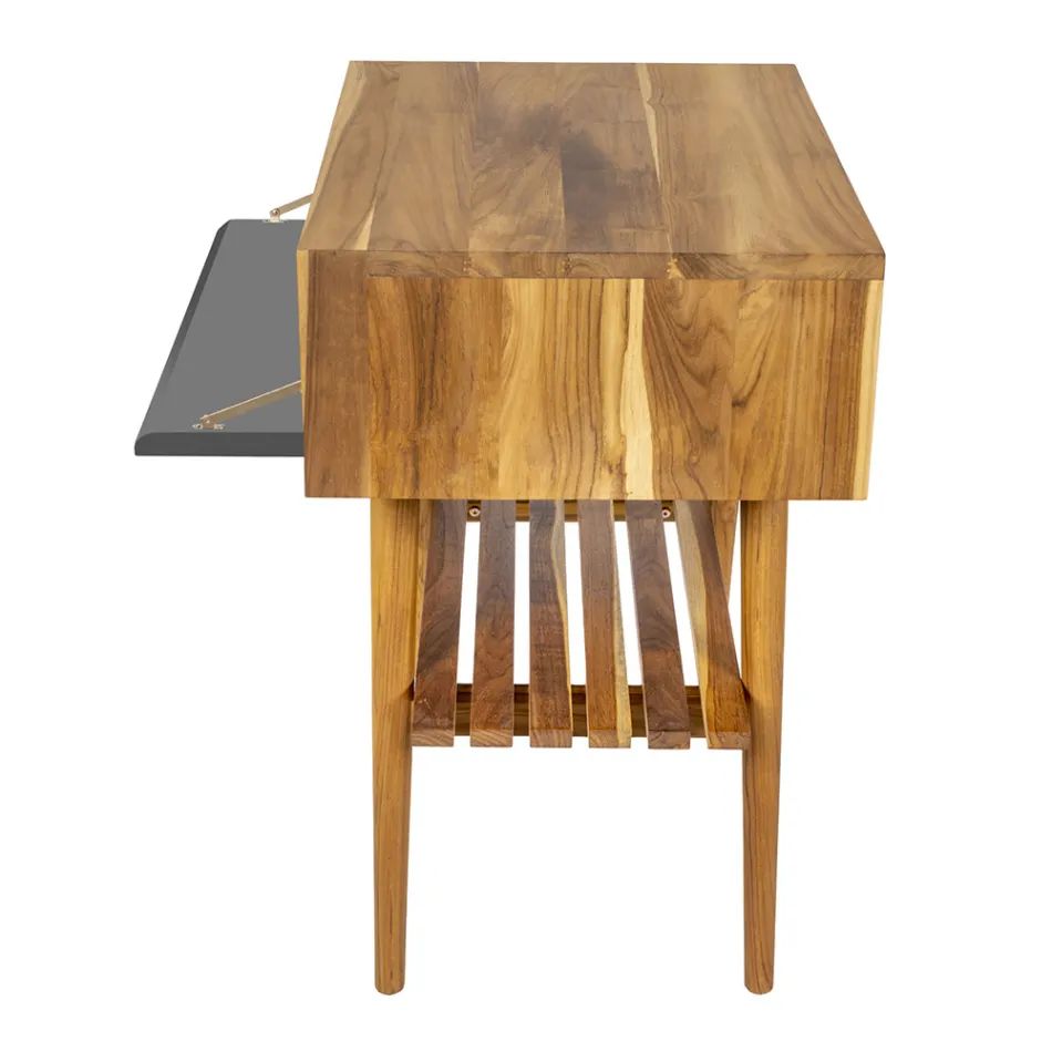 Dulap de baie de sine stătător din tec natural cu suport de culoare gri - Gatien Viadurini