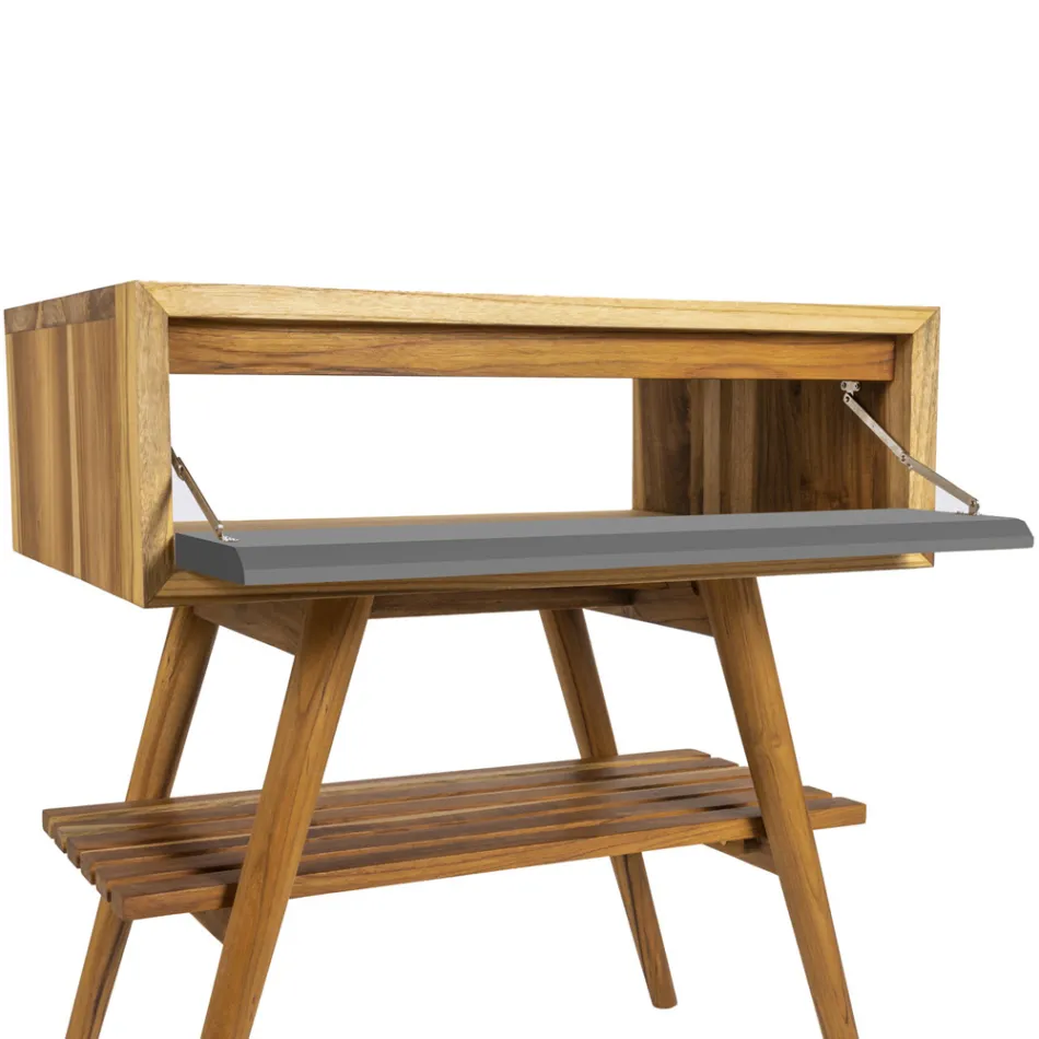 Dulap de baie de sine stătător din tec natural cu suport de culoare gri - Gatien Viadurini