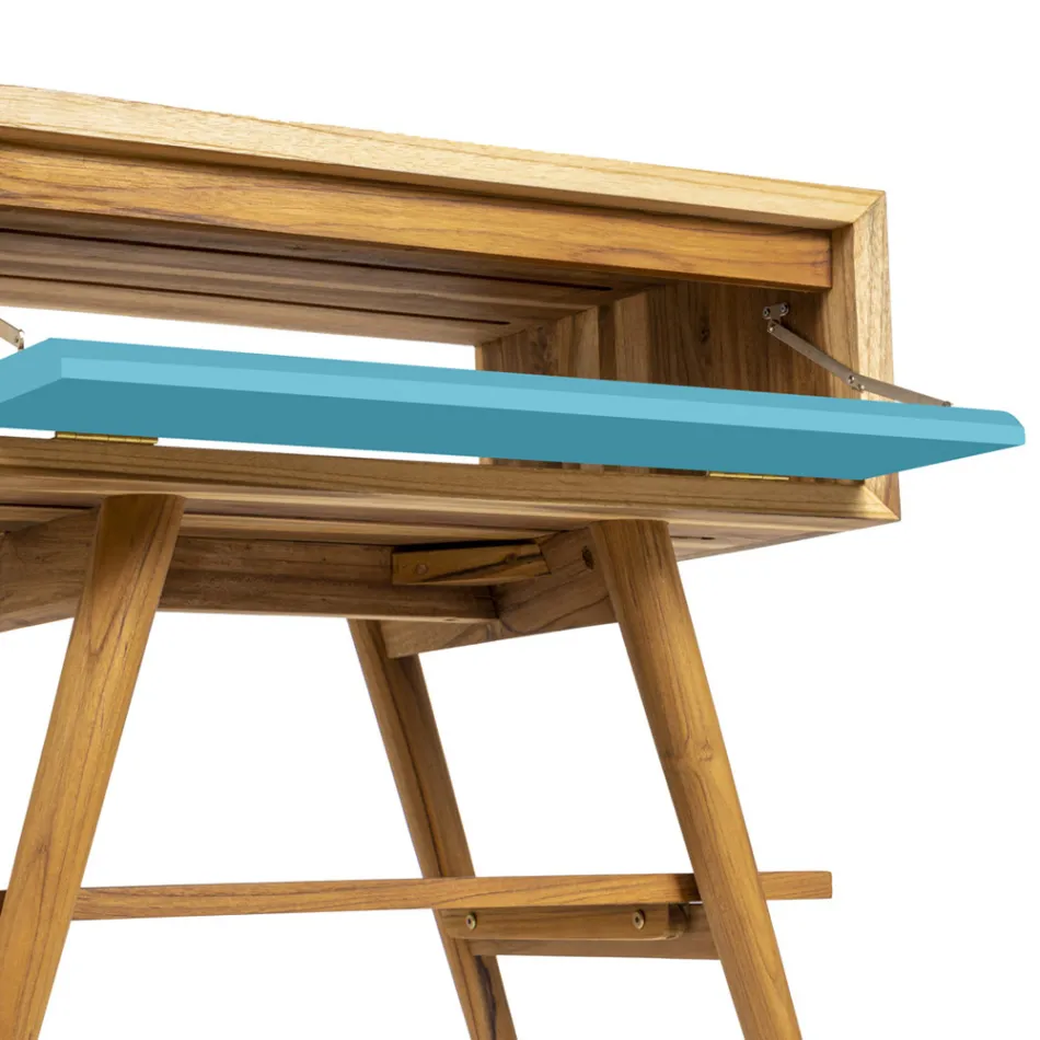 Dulap de baie albastru pe podea din tec natural cu sertar colorat - Gatien Viadurini