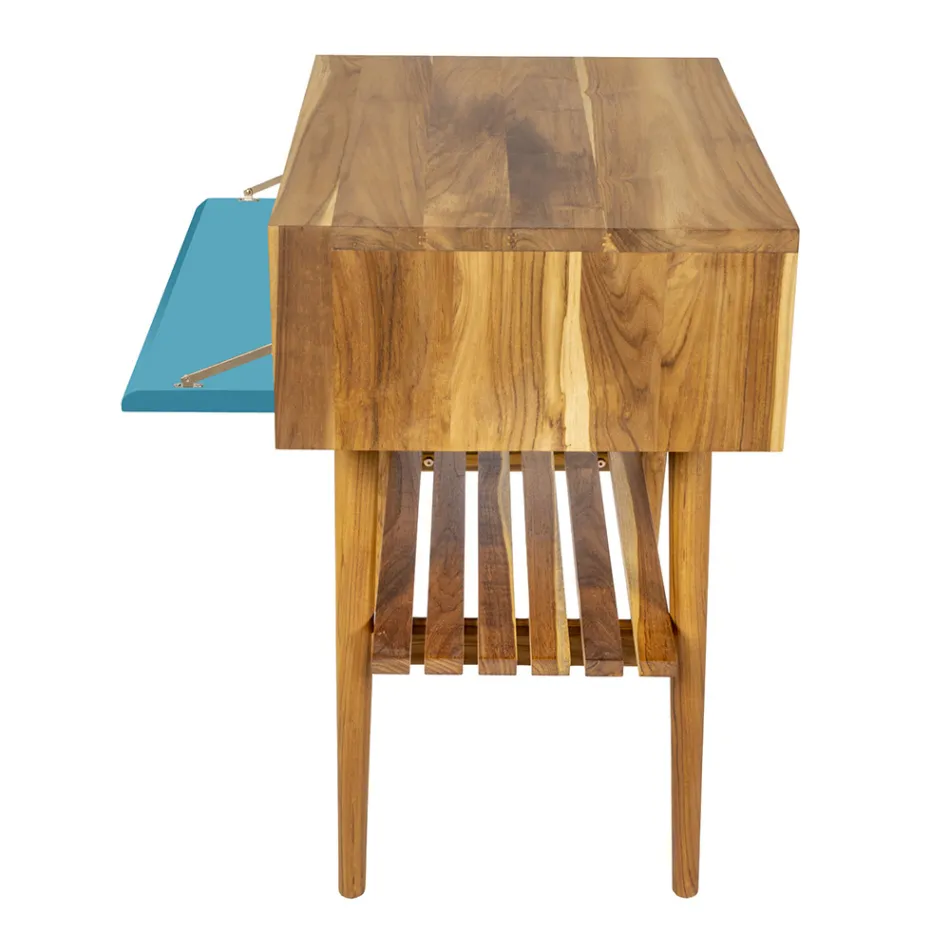 Dulap de baie albastru pe podea din tec natural cu sertar colorat - Gatien Viadurini