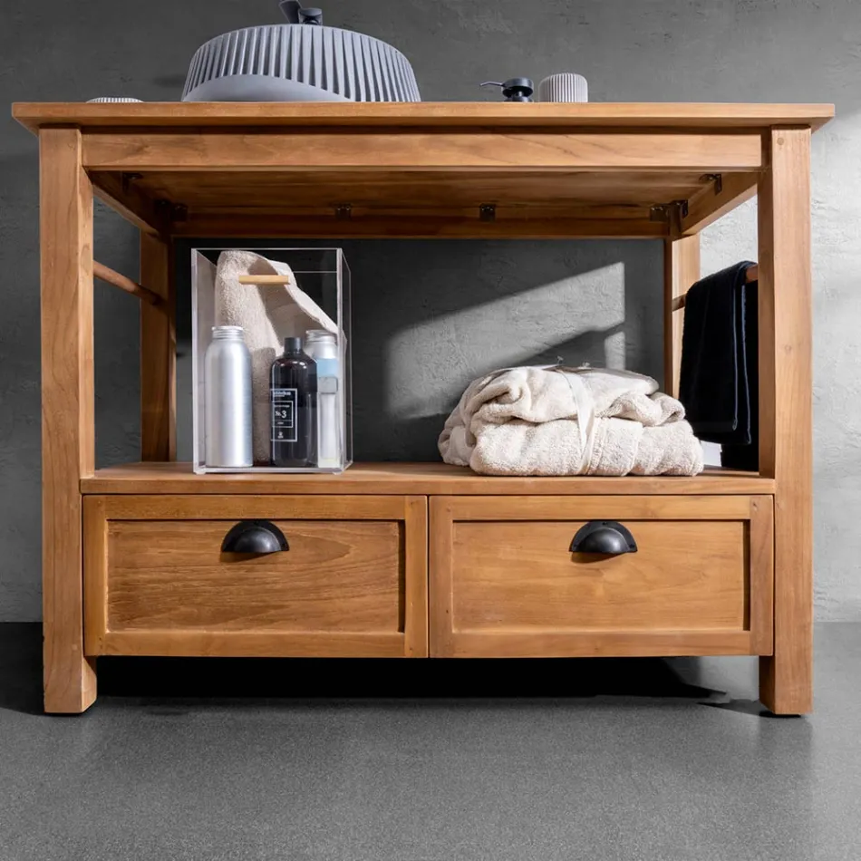 Dulap de baie de sine stătător din Teak cu două sertare - Frangipani Viadurini