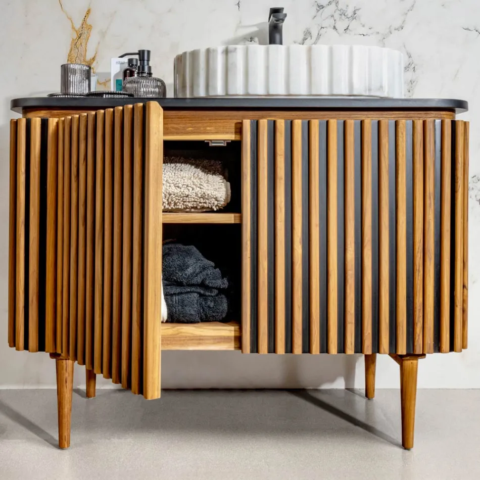 Dulap de baie din lemn masiv de tec și mahon realizat manual - Heliconia Viadurini