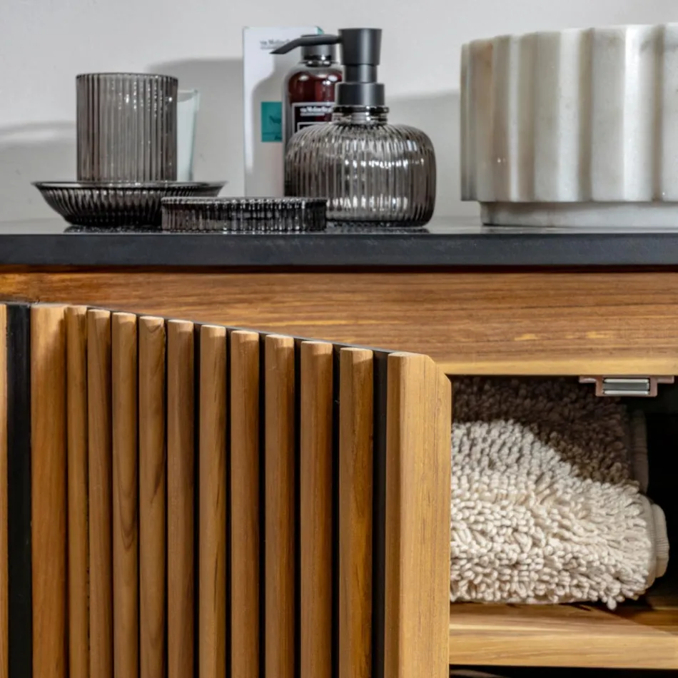 Dulap de baie din lemn masiv de tec și mahon realizat manual - Heliconia Viadurini