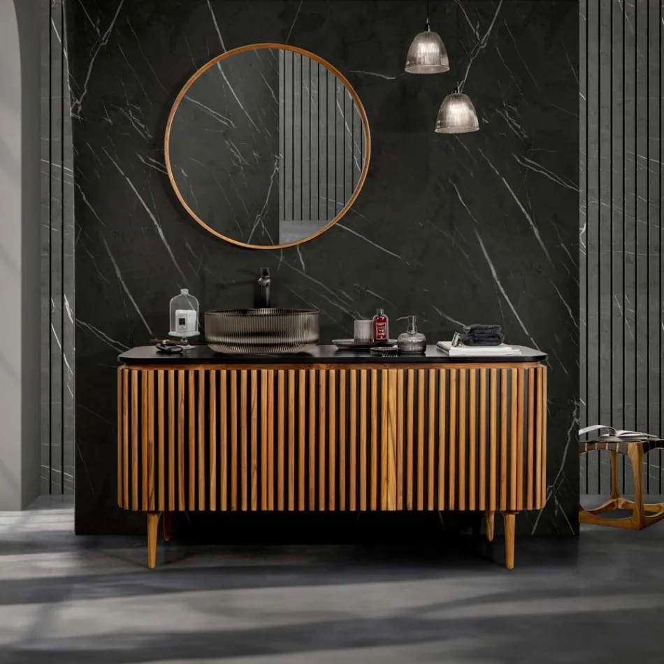 Dulap de baie din lemn masiv de tec și mahon realizat manual - Heliconia Viadurini