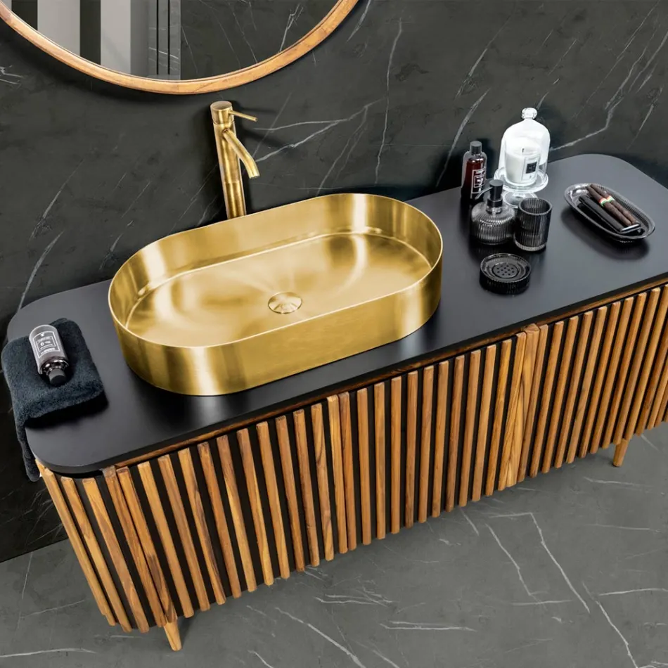 Dulap de baie din lemn masiv de tec și mahon realizat manual - Heliconia Viadurini