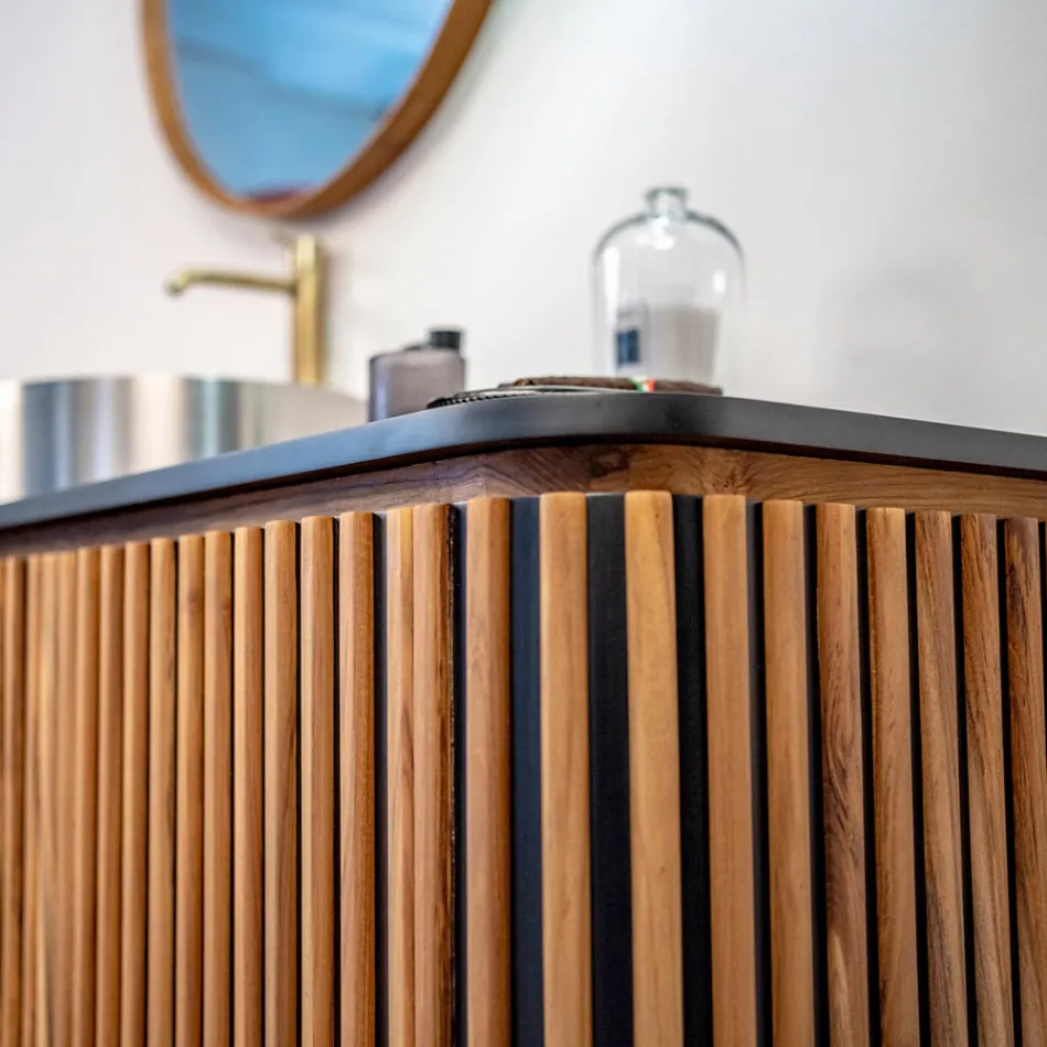 Dulap de baie din lemn masiv de tec și mahon realizat manual - Heliconia Viadurini