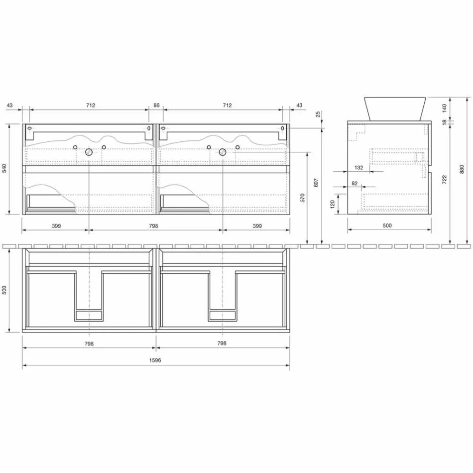 Dulap suspendat pentru baie cu chiuvetă dublă pe blat - Mandrillo Viadurini
