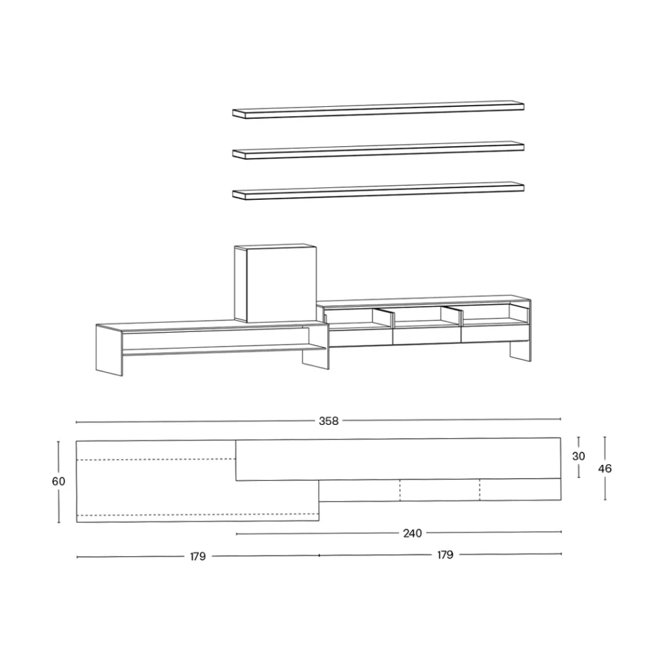 Suport TV cu 3 rafturi și container cu balamale Made in Italy - Roman Viadurini