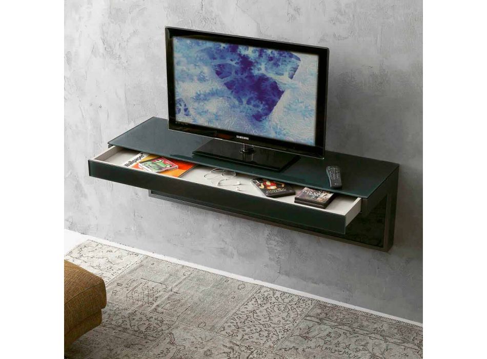 Dulap TV de perete din cristal negru și metal Fabricat în Italia - Americio Viadurini