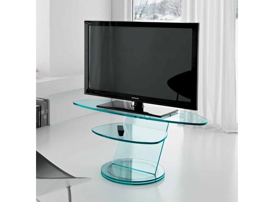 Dulap TV din sticlă cu bază rotativă și raft 2 dimensiuni - Salemme Viadurini