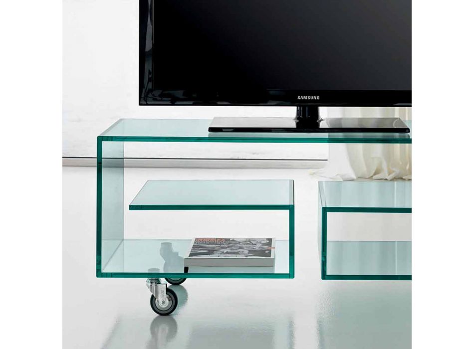 Dulap TV multifuncțional pentru cameră de zi, din sticlă transparentă cu roți - Birintolo Viadurini