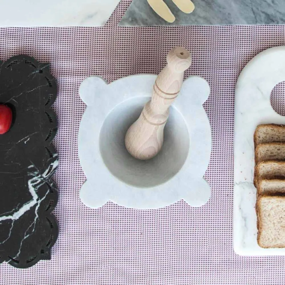 Mortar în marmură albă de Carrara cu Stâlp din lemn Fabricat în Italia - Winda Viadurini