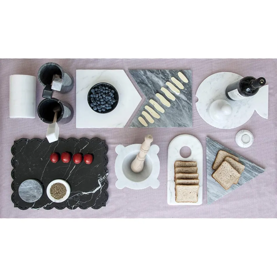 Mortar în marmură albă de Carrara cu Stâlp din lemn Fabricat în Italia - Winda Viadurini