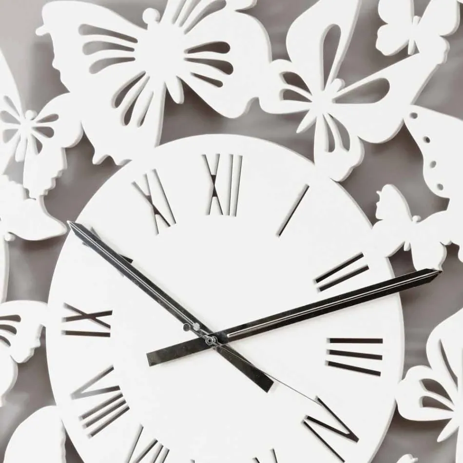 Design modern din lemn colorat cu ceas de perete decorat cu fluturi - Papilio Viadurini