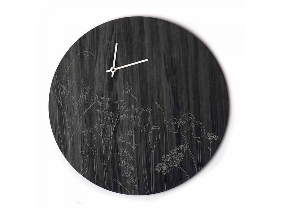 Ceas modern de perete din lemn rotund și gravură laser - Florinto Viadurini