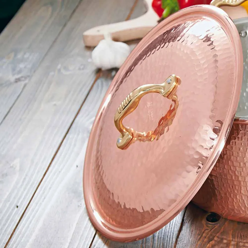 Tigaie rotunda din cupru cositorit manual cu maner si capac 28 cm - Gianluigi Viadurini