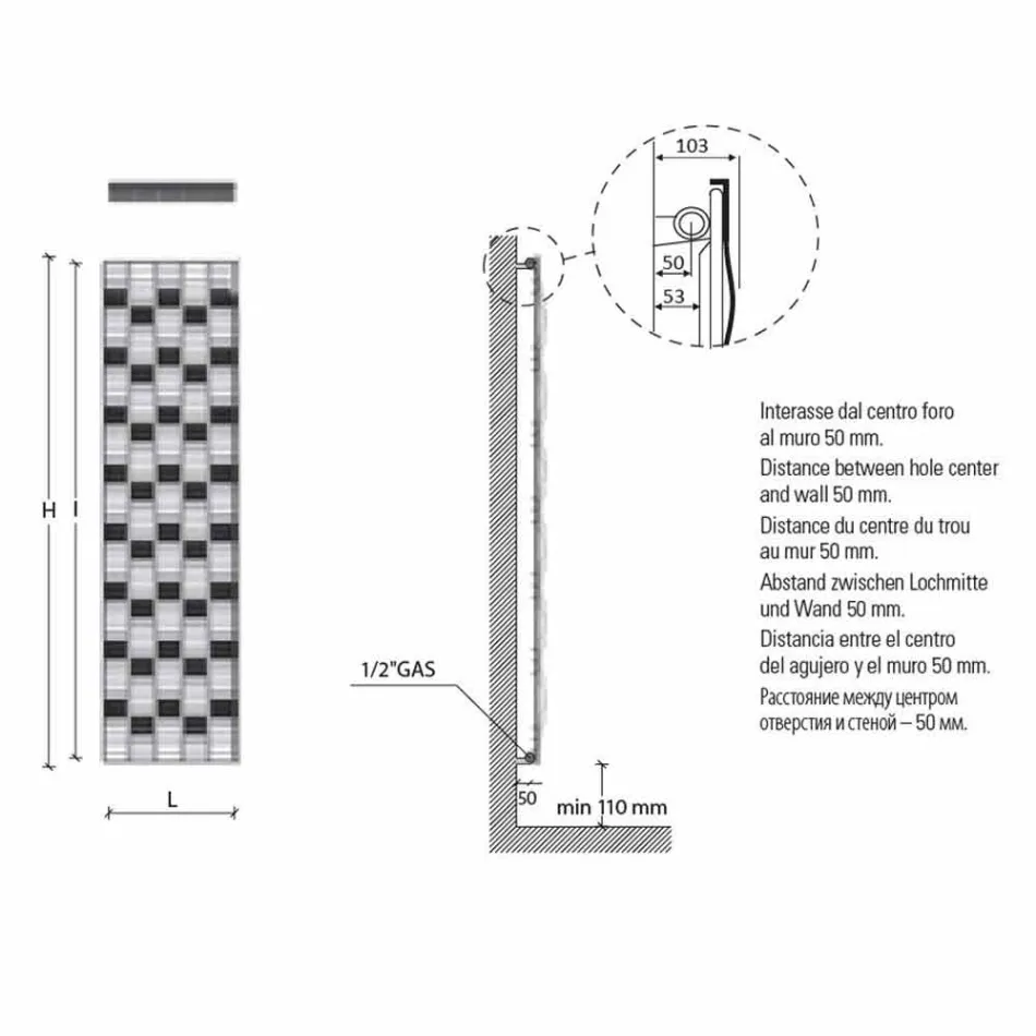 Placă radiantă din oțel cu design vertical de 5 bare până la 1003 wați - râu Viadurini
