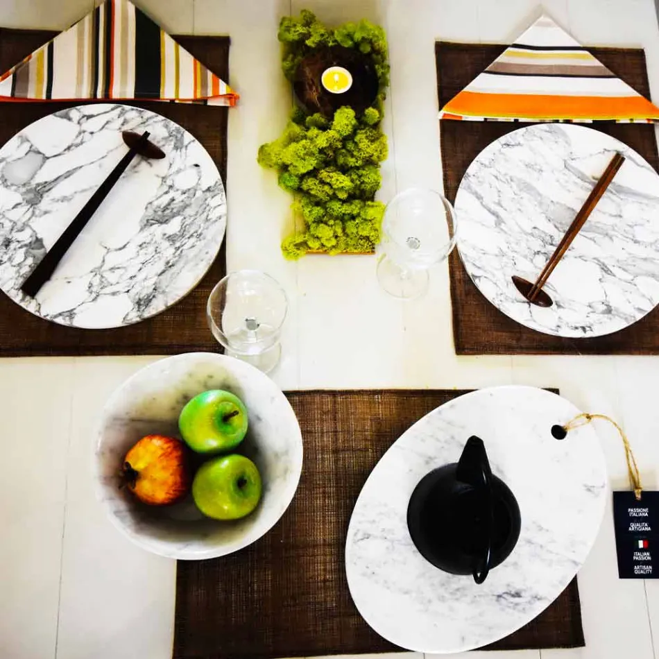 Placă rotundă de servire din marmură albă de Carrara Fabricată în Italia - Kamil Viadurini