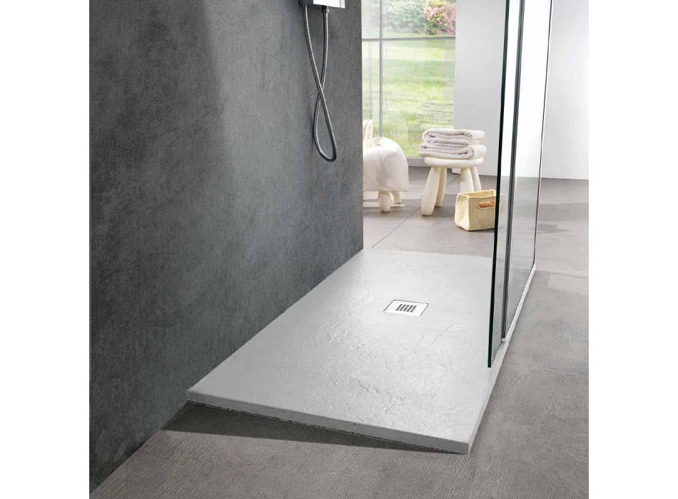 Tavă de duș din rășină albă 140x70 cu grilă de oțel și scurgere - Sommo Viadurini