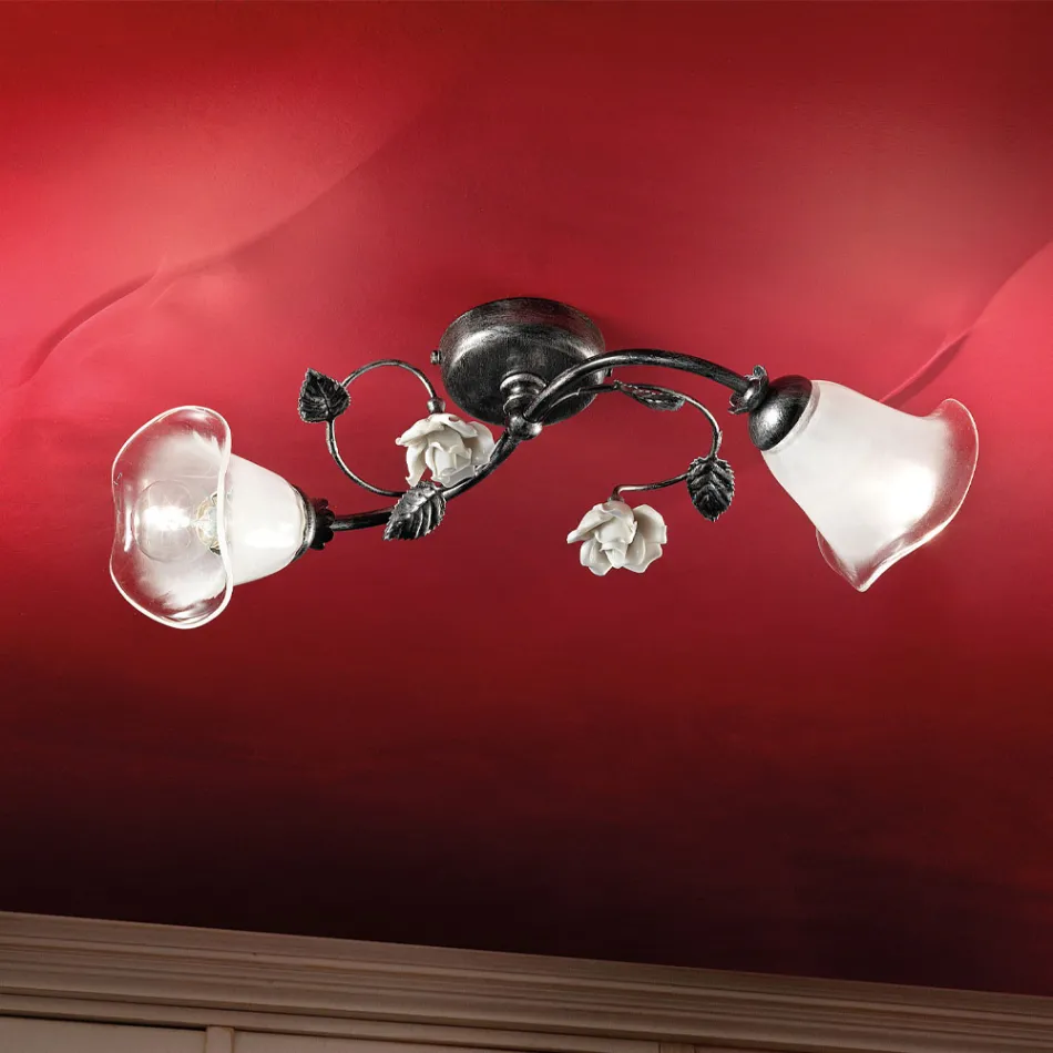Plafoniera 2 Lumini din Fier, Sticla si Trandafiri cu Decorat Ceramica - Siena Viadurini